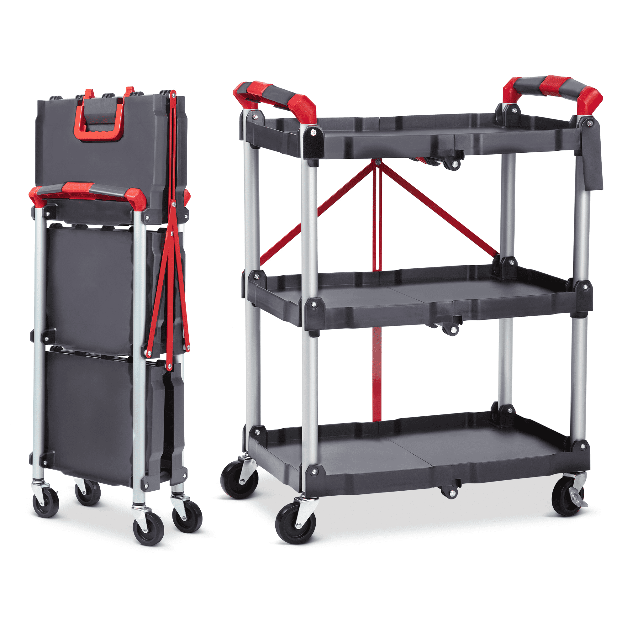 Mescukay Collapsible Folding Utility Cart with Wheels, 3 Tier Rolling Service Cart for Kitchen, Office, Shopping, Garage