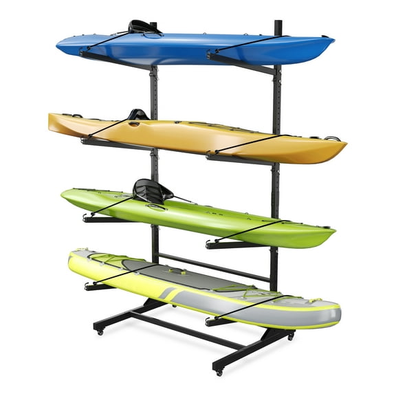 Mescukay Freestanding Kayak Storage Rack for 4 Kayaks, Outdoor Kayak Storage Racks with Wheels, Kayak Stand Heavy Duty Storage for Canoe, SUP and Surfboard