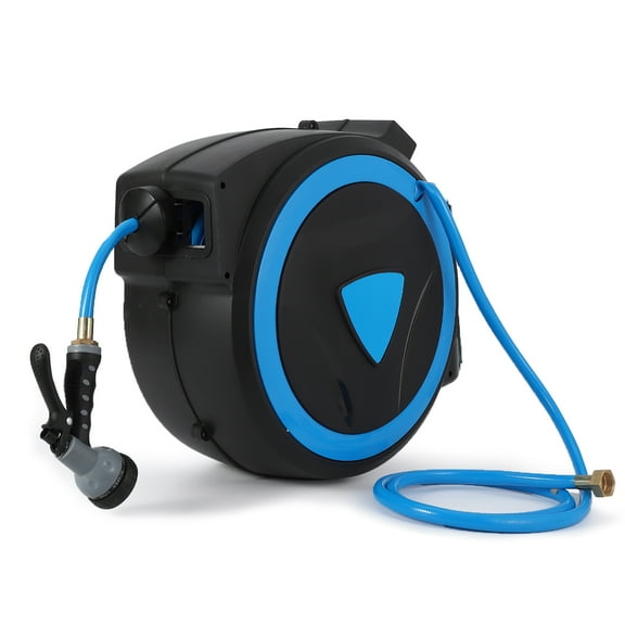 Mescukay Retractable Garden Hose Reel - 1/2 inch x 65 Ft Wall Mounted, 9-Function Nozzle, Any Length Lock, Slow Return, 180° Swivel Bracket