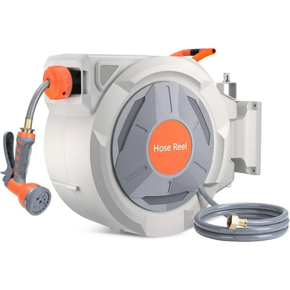Mescukay Retractable Garden Hose Reel, 5/8 in x 100 FT with 9 Function Sprayer Nozzle, Any Length Lock, Automatic Rewind and Slow Return System, Wall Mounted and 180 Deg Swivel Bracket