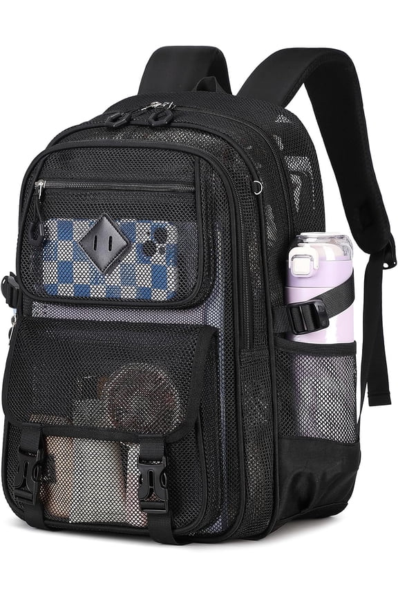 Mesh Backpack, Heavy Duty See Through Backpack Ultra-Lightweight Net Bookbag Breathable Transparent Beach Backpacks for School Sports Gym, Pink, Large