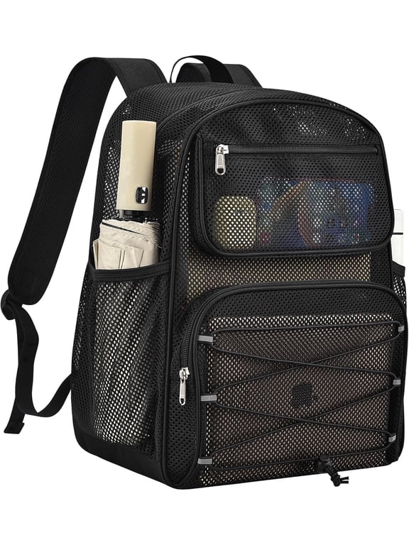 Mesh Backpack Heavy Duty See Through Mesh Bookbag Large Backpack for Travel Swimming Outdoor Sports Beach, Black