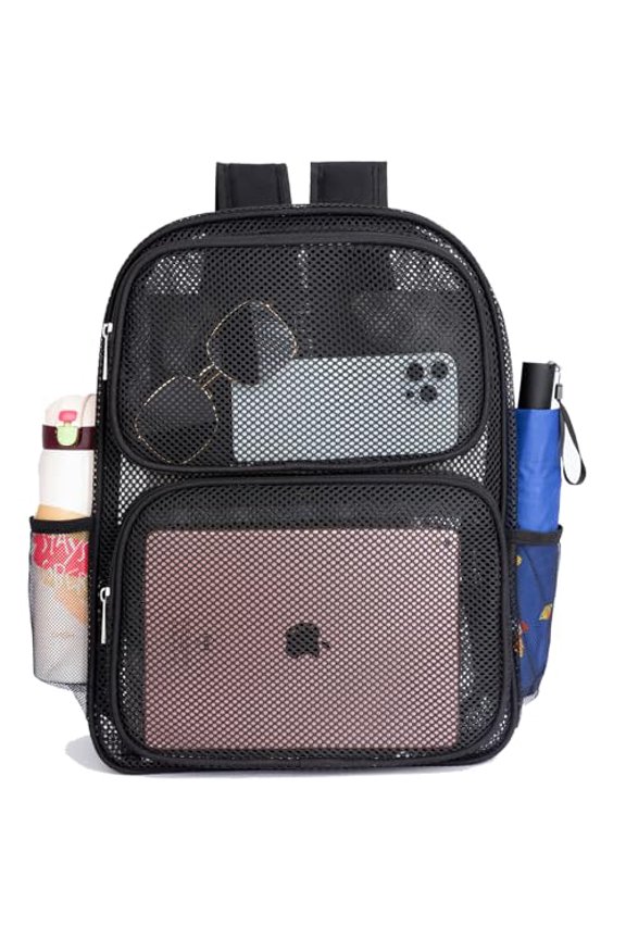 Mesh Backpack for School Heavy Duty Mesh Book bag Mesh See Through Backpack for School Beach,Travel,Medium,Black