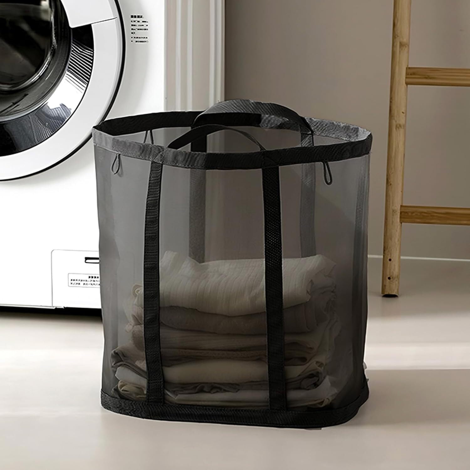 Mesh Bag with Handles, Collapsible Laundry Basket, Foldable Laundry Bag, Breathable Folding Beach Bag,Space-saving Travel Tote Bags,Black