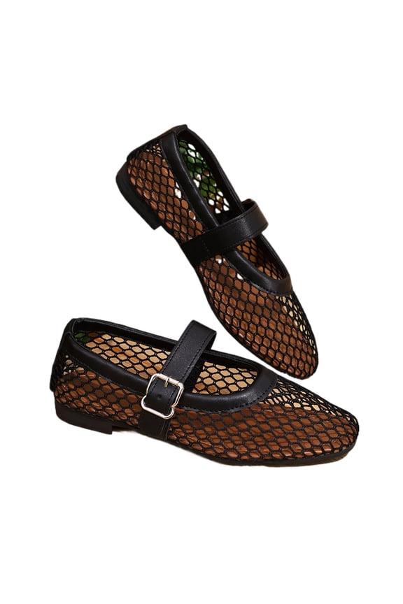 Mesh Ballet Flats for Women Breathable Fishnet Flats with Buckle Casual Work Shoes