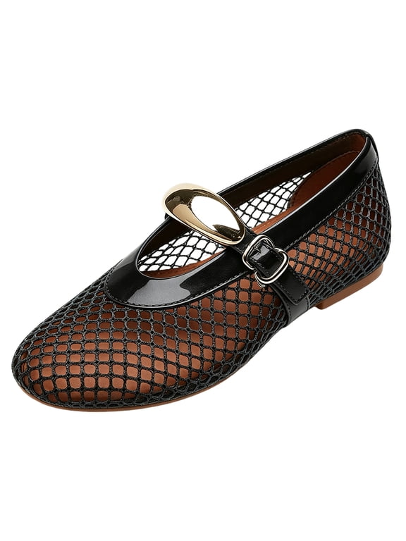 Mesh Ballet Flats for Women Buckle Strap Comfortable Casual Close Toe Sandals Fishnet Mary Jane Ballerina Flat Shoes Black Size 7