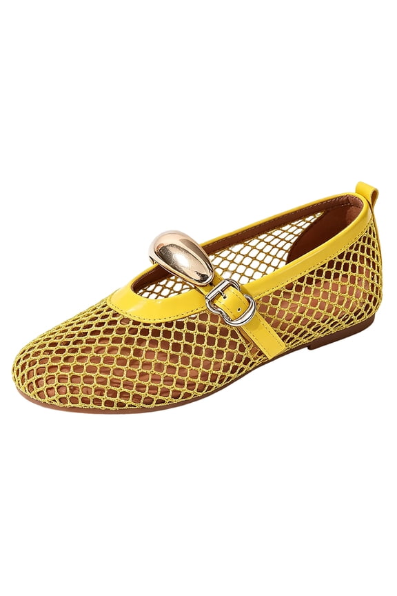 Mesh Ballet Flats for Women Buckle Strap Comfortable Casual Close Toe Sandals Fishnet Mary Jane Ballerina Flat Shoes Yellow Size 9