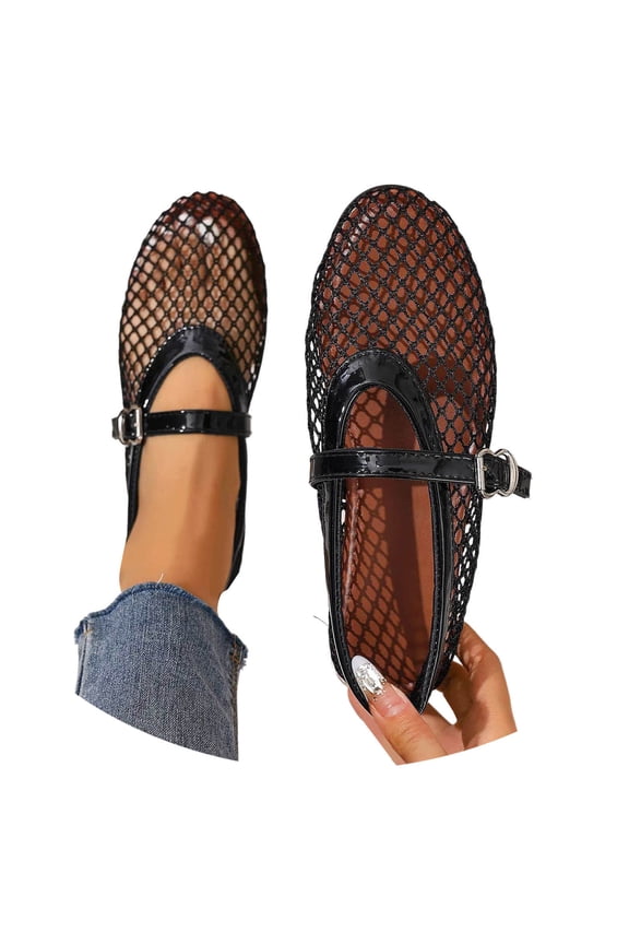 Mesh Ballet Flats for Women Buckle Strap Comfy Casual Office Fishnet Ballerina Flat Shoes