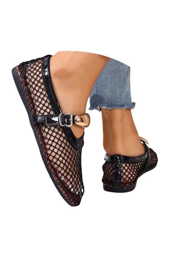 Mesh Ballet Flats for Women Buckle Strap Comfy Casual Office Fishnet Ballerina Flat Shoes