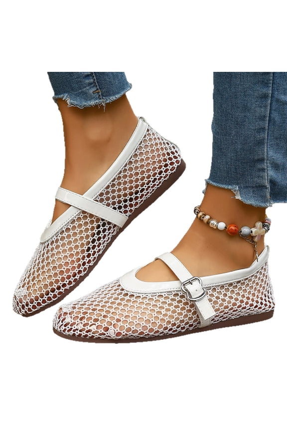Mesh Ballet Flats for Women Buckle Strap Comfy Casual Office Fishnet Ballerina Flat Shoes