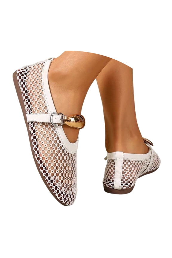 Mesh Ballet Flats for Women Buckle Strap Comfy Casual Office Fishnet Ballerina Flat Shoes