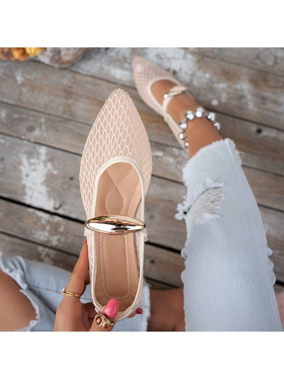 Mesh Ballet Flats for Women Comfortable Pointed Toe Mary Jane Shoes for Women Elastic Strap Low Cut Breathable Summer Dressy Office Flats