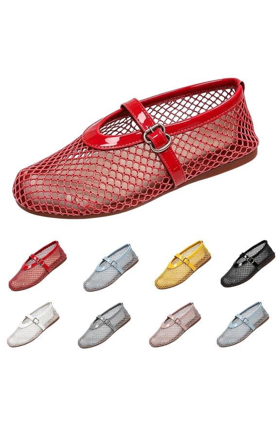 Mesh Ballet Flats for Women, Metal Buckle Strap Dressy Flat Shoes Comfortable Round Toe Mary Jane Flat Shoes,37
