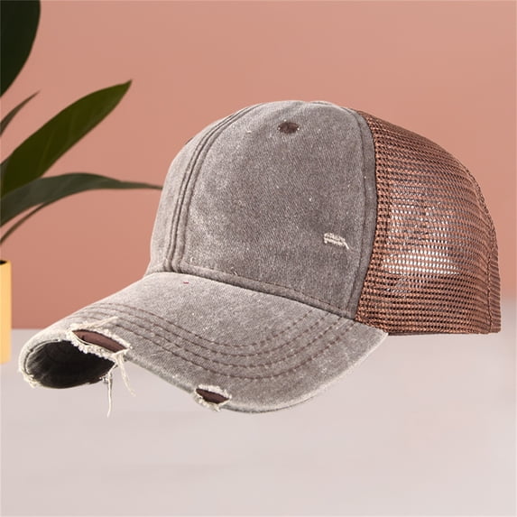 Mesh Baseball Cap for Women Men Pure Color Washed Cotton Distressed Baseball Cap Mesh Back Hat Trucker Hiking Hat Fashion Mesh Breathable Baseball Cap Beach Adjustable Baseball Cap