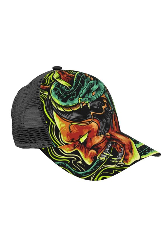 Mesh Baseball Caps Trucker Sun Hat Adjustable Fashion Snapback, Devil Snake Demon Japanese