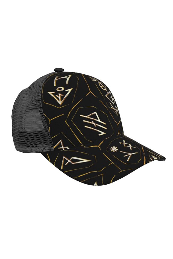 Mesh Baseball Caps Trucker Sun Hat Adjustable Fashion Snapback, Gold Black Ancient Runes