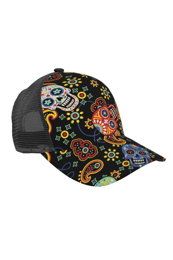 Mesh Baseball Caps Trucker Sun Hat Adjustable Fashion Snapback, Mexican Skull Paisley