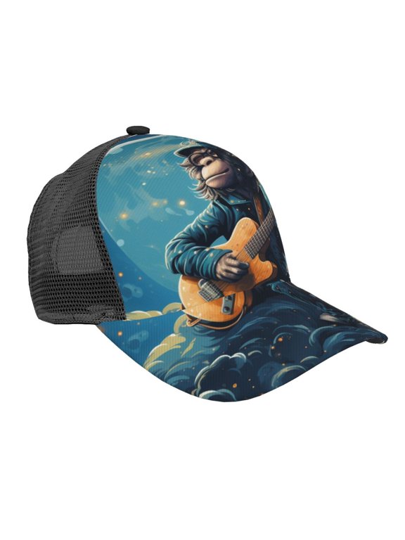 Mesh Baseball Caps Trucker Sun Hat Adjustable Fashion Snapback, Monkey Playing Guitar Starry