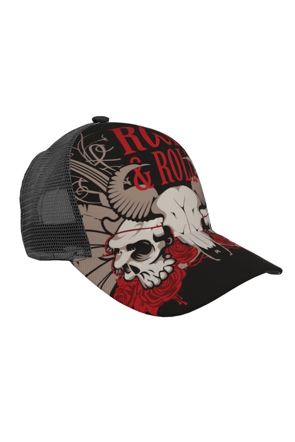 Mesh Baseball Caps Trucker Sun Hat Adjustable Fashion Snapback, Rock And Roll Guitar Skull Roses