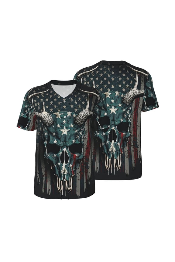 Mesh Baseball Jersey Button Down Short Sleeve T-Shirt Athletic Uniform, American Flag Camouflage Deer Skull Camo