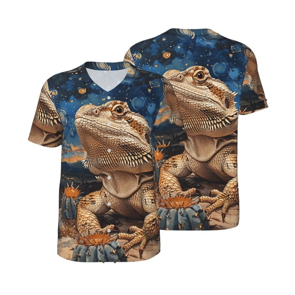 Mesh Baseball Jersey Button Down Short Sleeve T-Shirt Athletic Uniform, Bearded Dragon Lizards Retro Starry