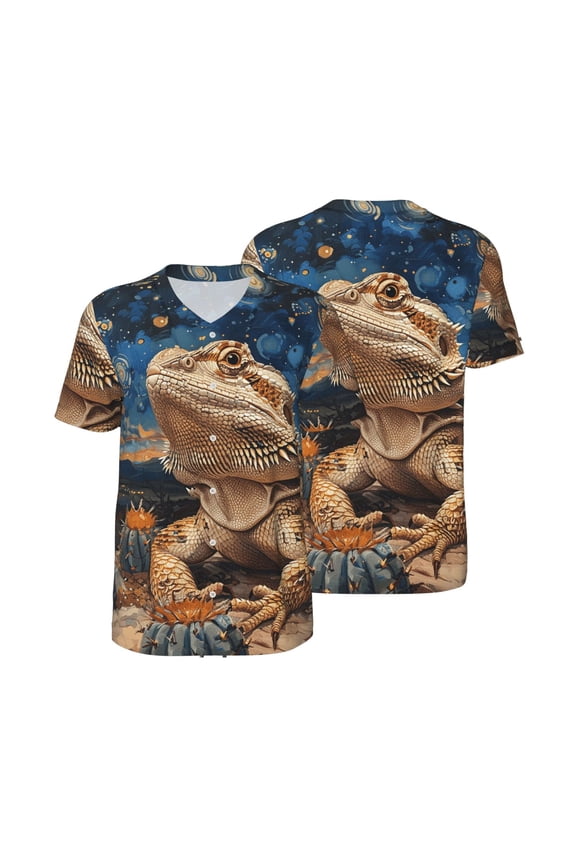 Mesh Baseball Jersey Button Down Short Sleeve T-Shirt Athletic Uniform, Bearded Dragon Lizards Retro Starry