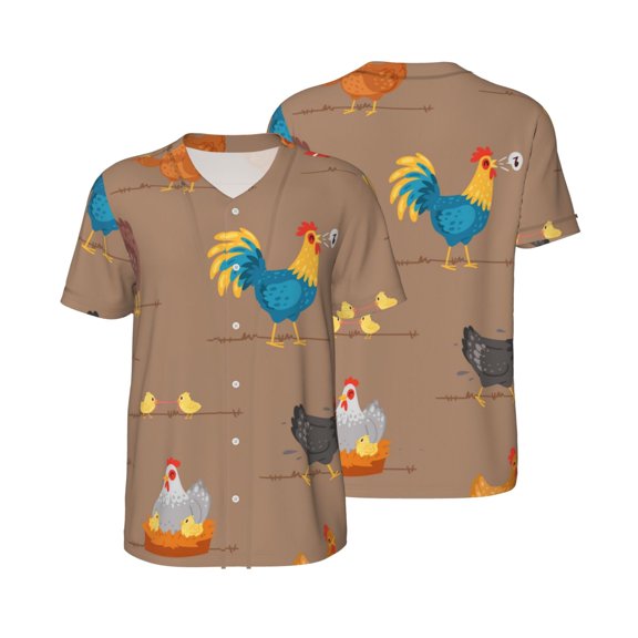 Mesh Baseball Jersey Button Down Short Sleeve T-Shirt Athletic Uniform, Chicken Cartoon Chick Hen Music