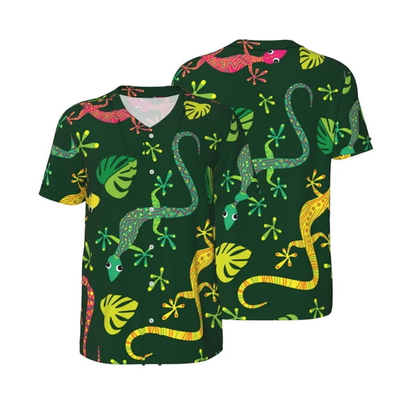 Mesh Baseball Jersey Button Down Short Sleeve T-Shirt Athletic Uniform, Colorful Lizard Gecko Native