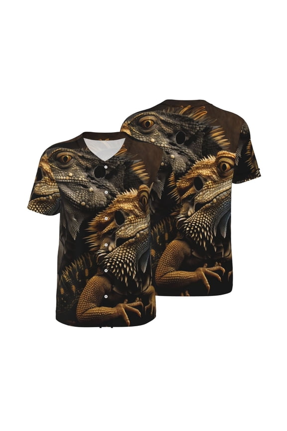 Mesh Baseball Jersey Button Down Short Sleeve T-Shirt Athletic Uniform, Cool Bearded Dragon Lizards