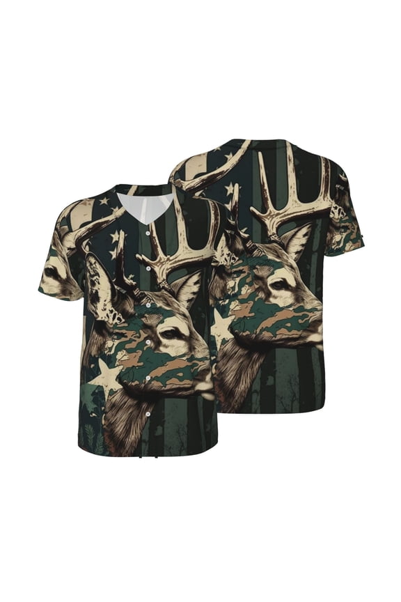 Mesh Baseball Jersey Button Down Short Sleeve T-Shirt Athletic Uniform, Deer Camo American Flag Camouflage