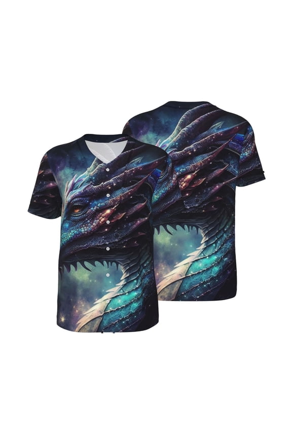 Mesh Baseball Jersey Button Down Short Sleeve T-Shirt Athletic Uniform, Dragon Cool Art Galaxy