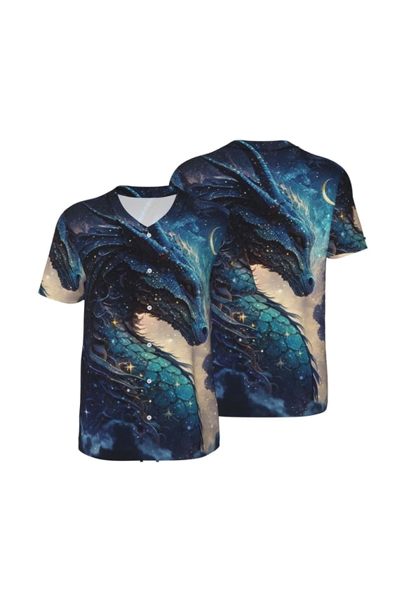 Mesh Baseball Jersey Button Down Short Sleeve T-Shirt Athletic Uniform, Dragon Cool Starry Sky Moon