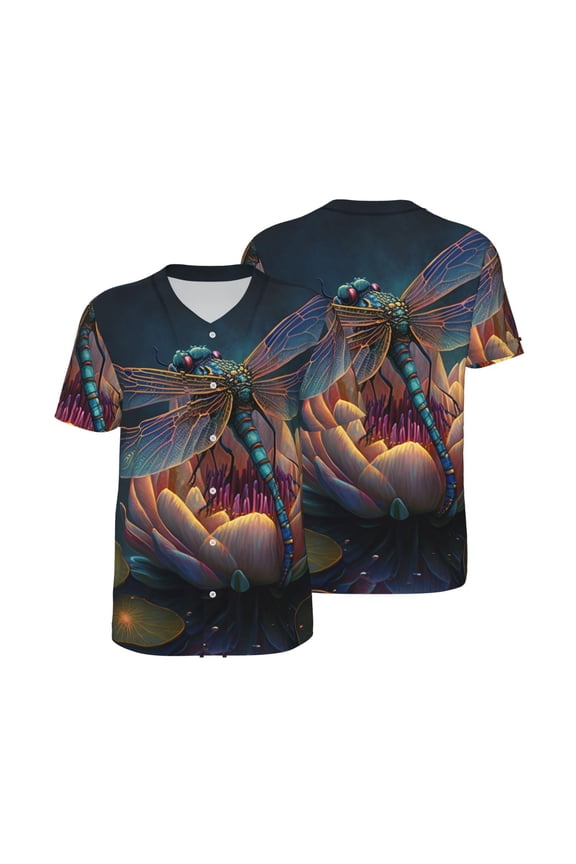 Mesh Baseball Jersey Button Down Short Sleeve T-Shirt Athletic Uniform, Dragonfly Lotus Cool Art