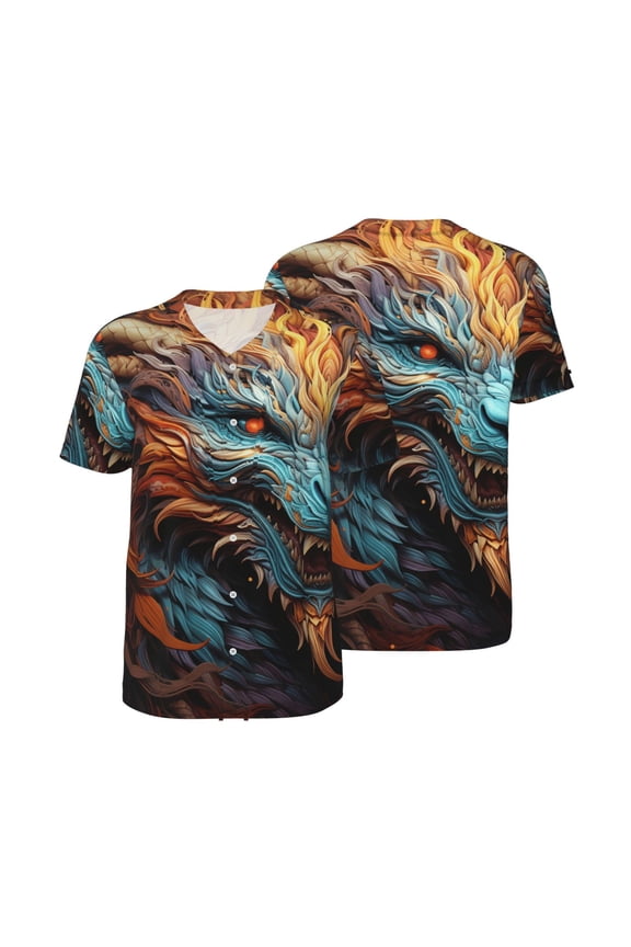 Mesh Baseball Jersey Button Down Short Sleeve T-Shirt Athletic Uniform, Fire Dragon Cool Art