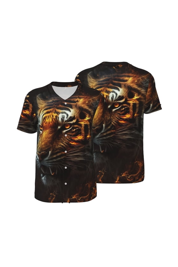 Mesh Baseball Jersey Button Down Short Sleeve T-Shirt Athletic Uniform, Fire King Tiger Face Art