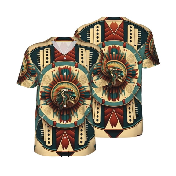 Mesh Baseball Jersey Button Down Short Sleeve T-Shirt Athletic Uniform, Geometric Southwestern Native American