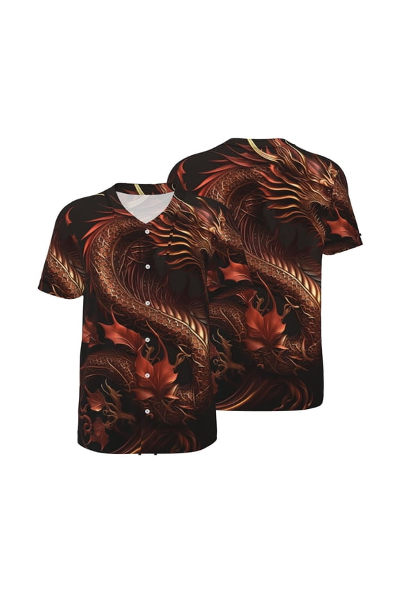 Mesh Baseball Jersey Button Down Short Sleeve T-Shirt Athletic Uniform, Golden Chinese Dragon Red Art