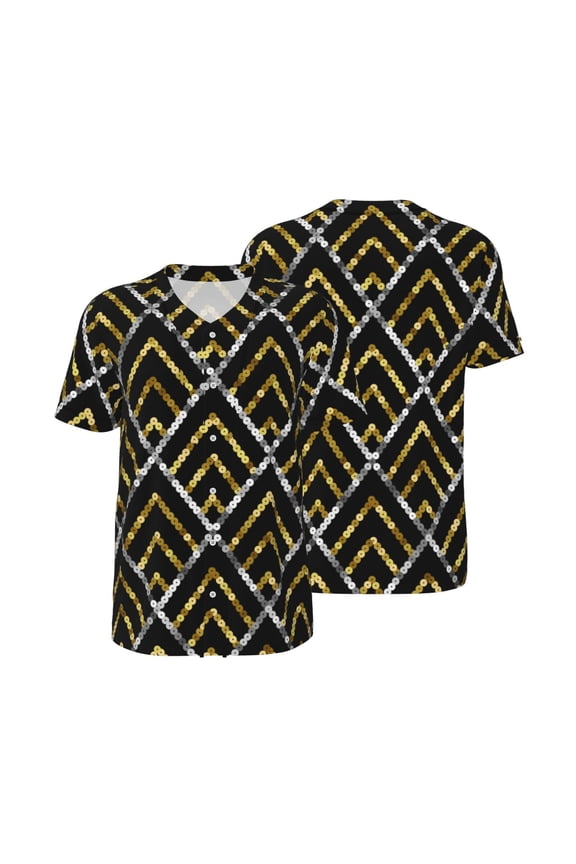 Mesh Baseball Jersey Button Down Short Sleeve T-Shirt Athletic Uniform, Golden Sequin Glitter Geometric