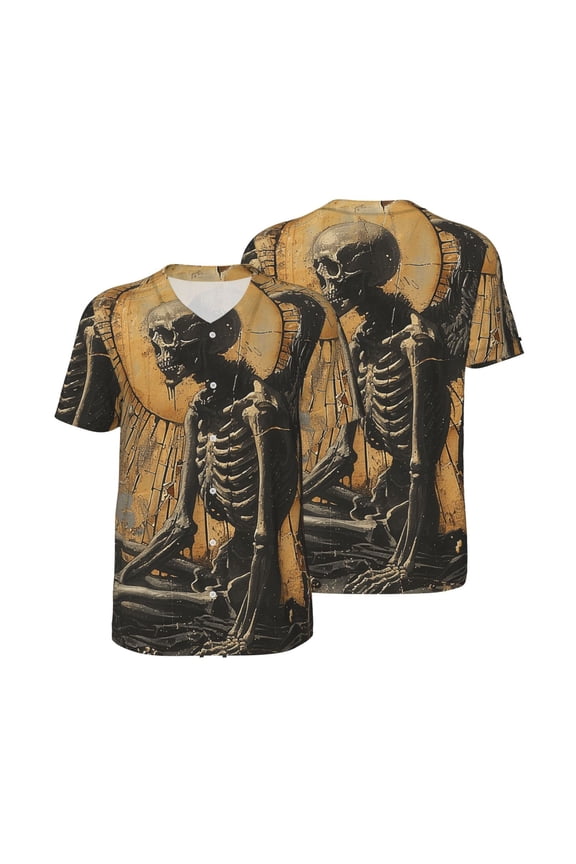 Mesh Baseball Jersey Button Down Short Sleeve T-Shirt Athletic Uniform, Grim Reaper Skeleton Angel Vintage Horror