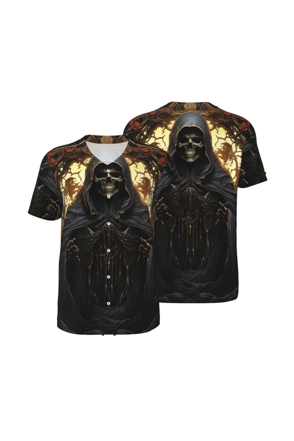 Mesh Baseball Jersey Button Down Short Sleeve T-Shirt Athletic Uniform, Grim Reaper Skull Angel Skeleton Cool