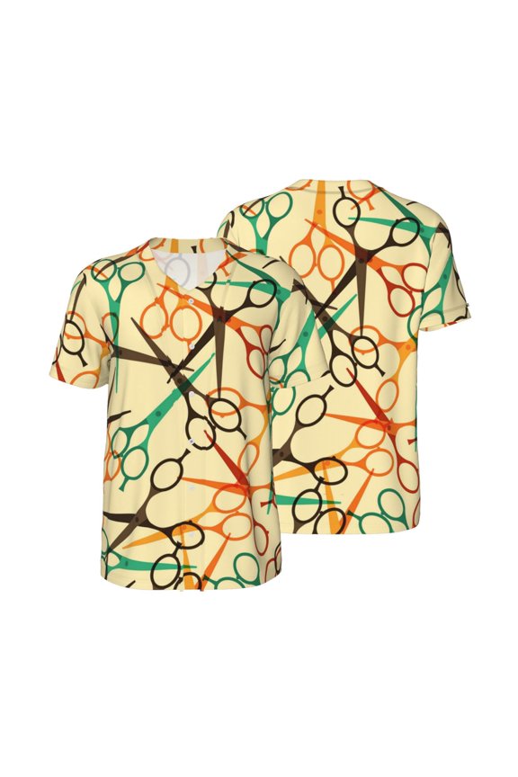 Mesh Baseball Jersey Button Down Short Sleeve T-Shirt Athletic Uniform, Hairdressing Tools Retro Scissors Salon