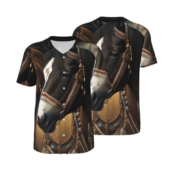 Mesh Baseball Jersey Button Down Short Sleeve T-Shirt Athletic Uniform, Indian Horses Native American