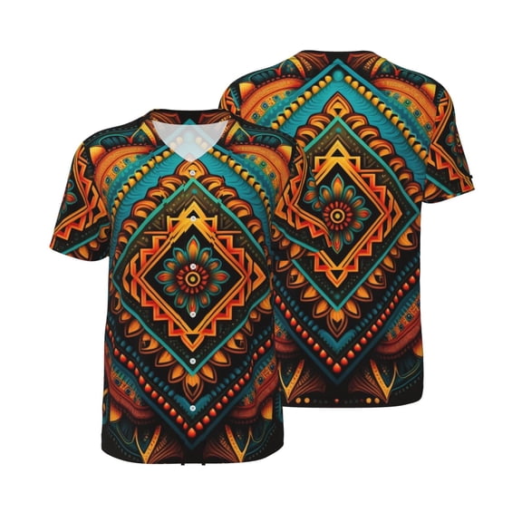 Mesh Baseball Jersey Button Down Short Sleeve T-Shirt Athletic Uniform, Indian Tribal Ethnic Native