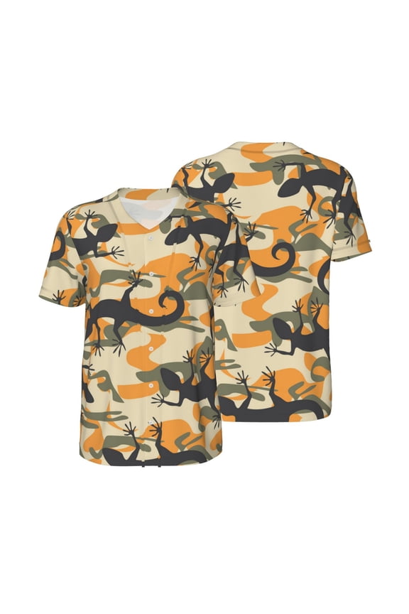 Mesh Baseball Jersey Button Down Short Sleeve T-Shirt Athletic Uniform, Lizard Camouflage Camo
