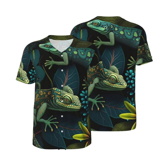 Mesh Baseball Jersey Button Down Short Sleeve T-Shirt Athletic Uniform, Lizards Lizard Art Green