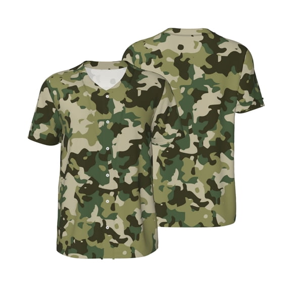 Mesh Baseball Jersey Button Down Short Sleeve T-Shirt Athletic Uniform, Military Camouflage Green Camo