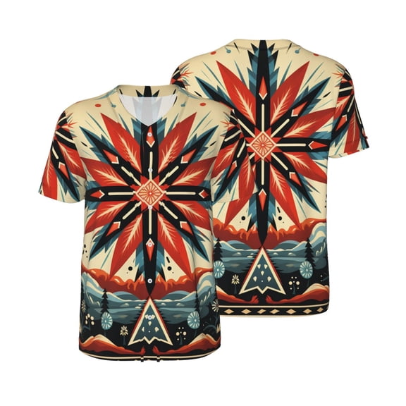 Mesh Baseball Jersey Button Down Short Sleeve T-Shirt Athletic Uniform, Native American Southwestern Geometric