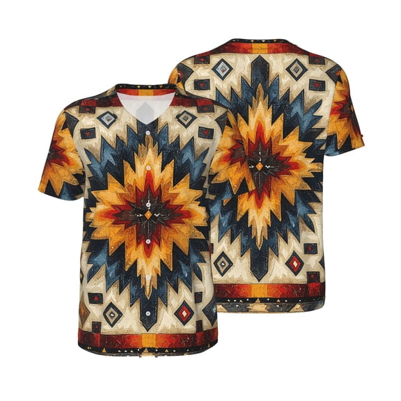 Mesh Baseball Jersey Button Down Short Sleeve T-Shirt Athletic Uniform, Native Southwest Tribal Patterns Art
