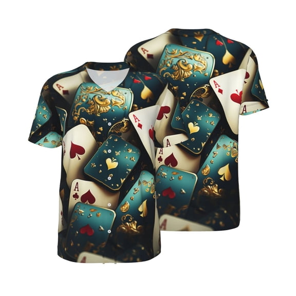 Mesh Baseball Jersey Button Down Short Sleeve T-Shirt Athletic Uniform, Playing Poker Cards Casino Vintage