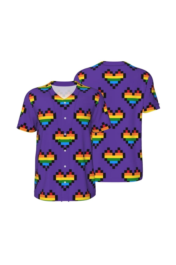 Mesh Baseball Jersey Button Down Short Sleeve T-Shirt Athletic Uniform, Rainbow Heart Pixel Art LGBT